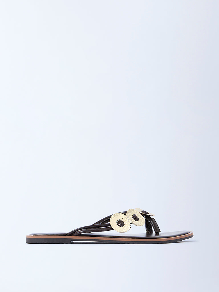 Buy LUNA BLU Dark Brown Metallic Disc Flip-Flops from Westside