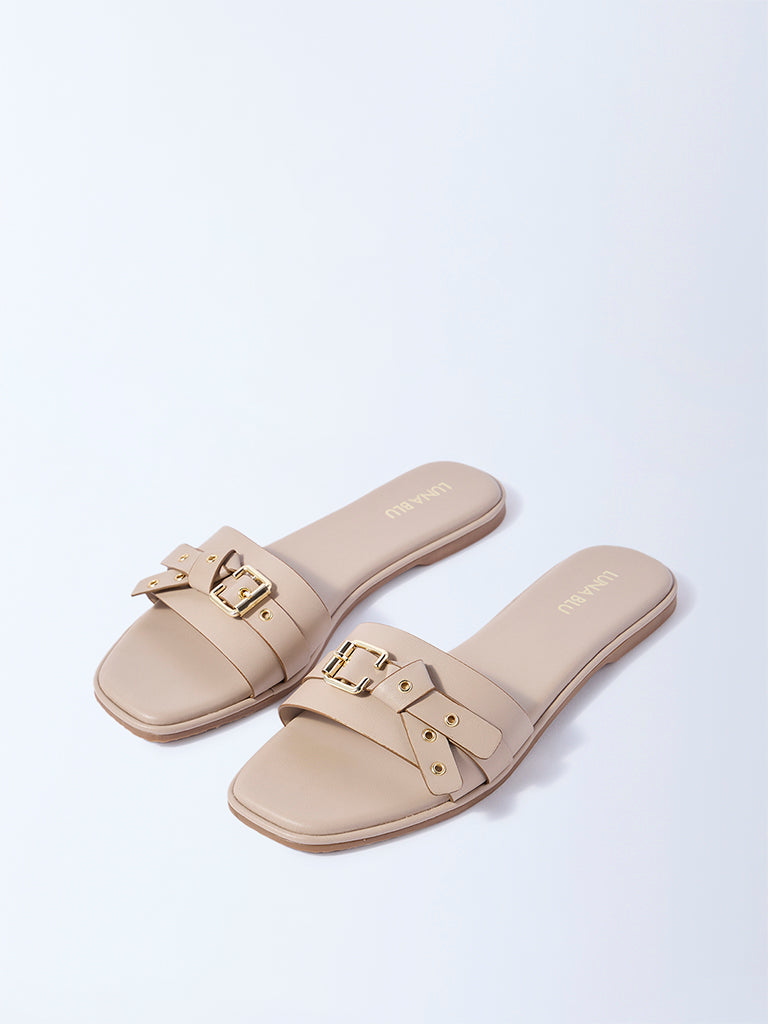 LUNA BLU Light Beige Buckle-Detailed Slides