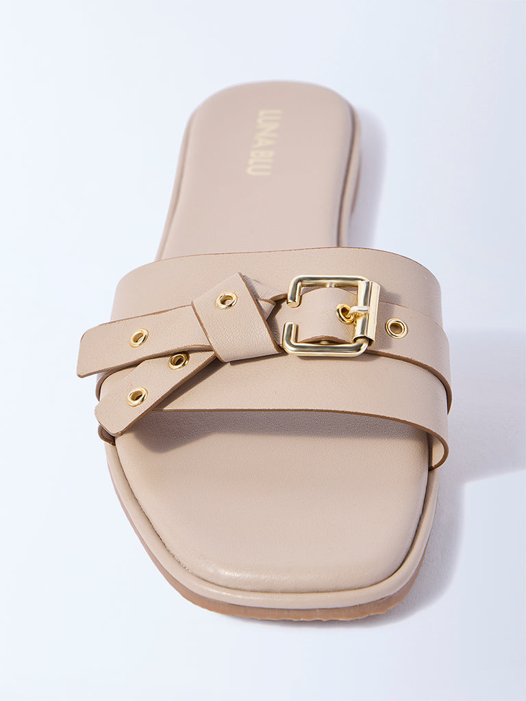 Westside LUNA BLU Women's Light Beige Buckle-Detailed Slides for Casual Wear Front view