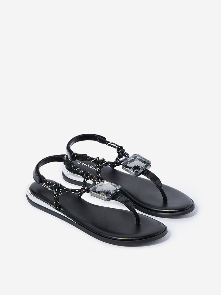 LUNA BLU Black Embellished T-Strap Sandals