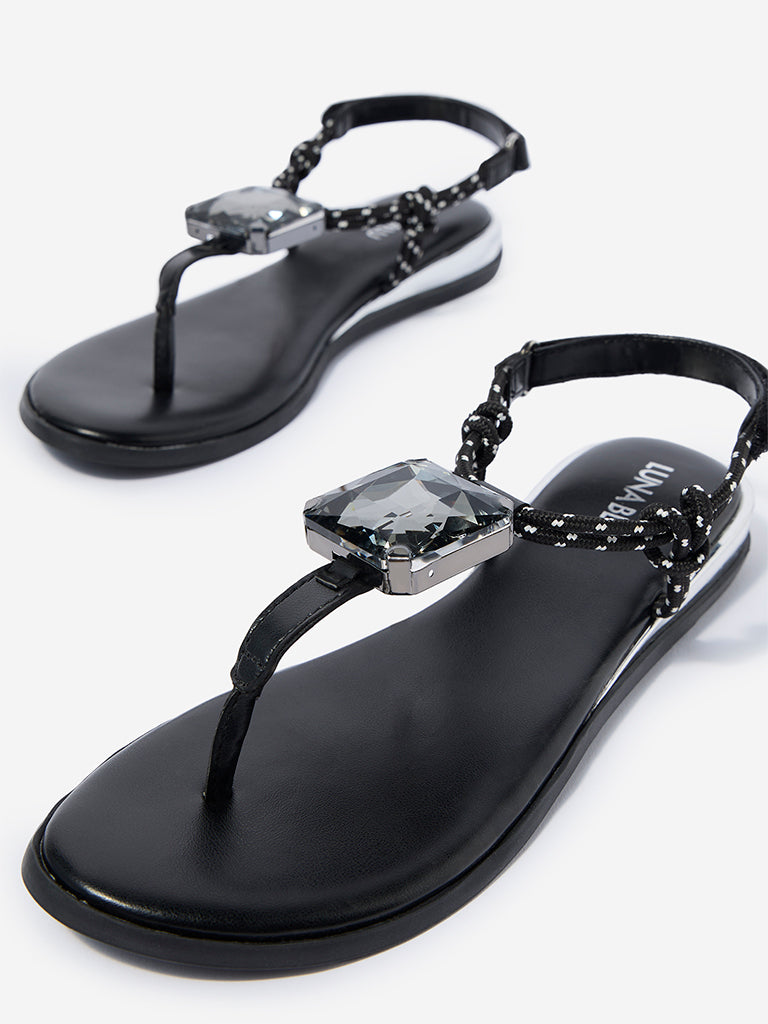LUNA BLU Black Embellished T-Strap Sandals