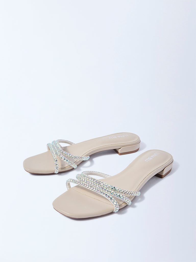 LUNA BLU Ivory Embellished Slip-On Sandals