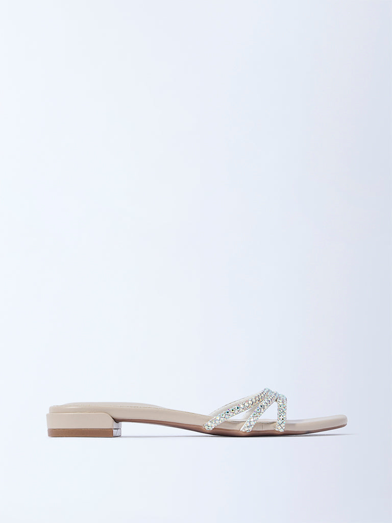 LUNA BLU Ivory Embellished Slip-On Sandals