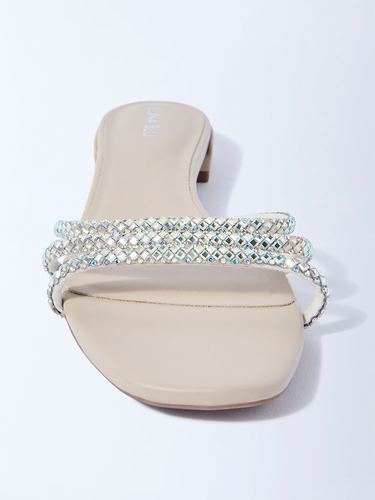 LUNA BLU Ivory Embellished Slip-On Sandals