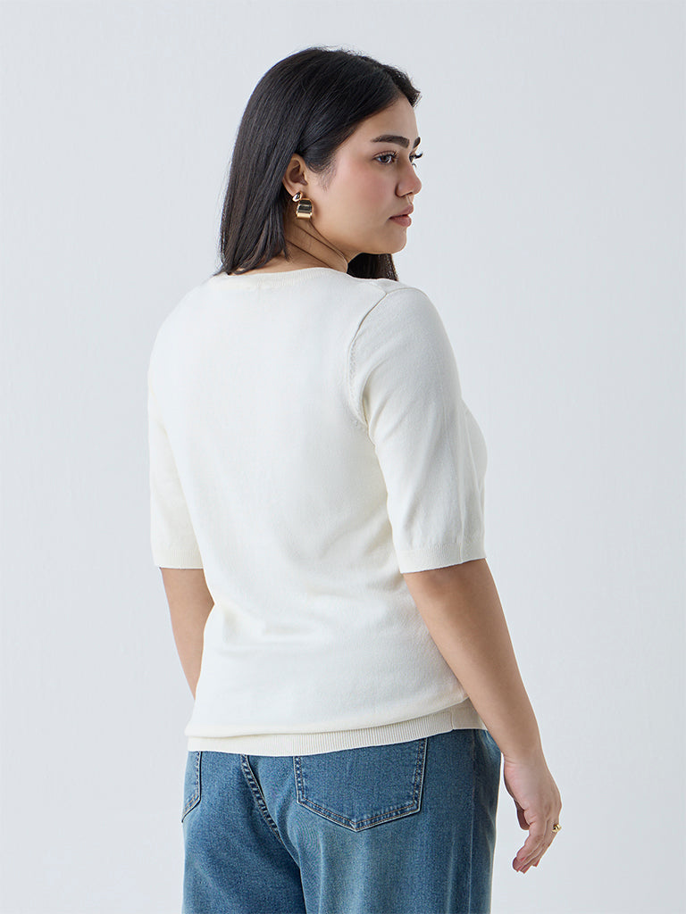 Westside Gia Women's Cream Solid Knitted T-Shirt for Casual Wear Back View