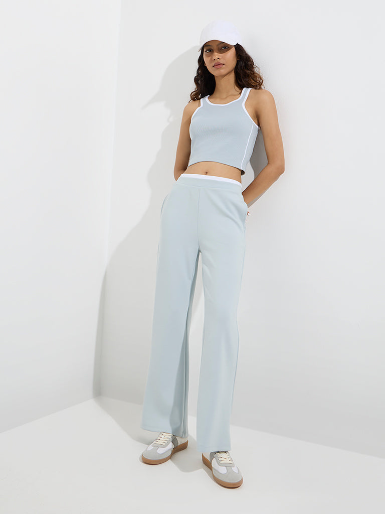 Westside Studiofit Women's Light Blue Ribbed Cotton-Blend Tank Top for Sports Wear Full View