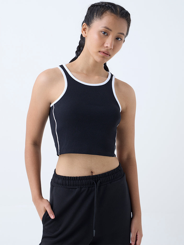 Studiofit Black Ribbed-Textured Cotton-Blend Tank Top