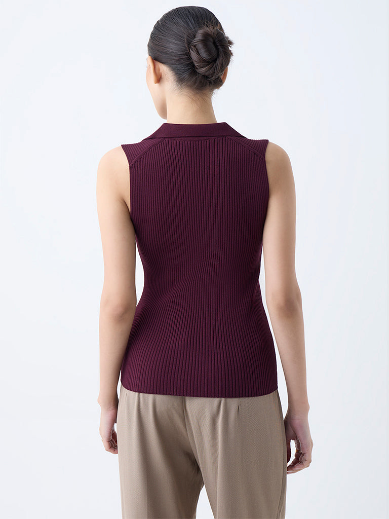 Westside Wardrobe Women's Wine Ribbed-Textured Top for Work Wear Back View