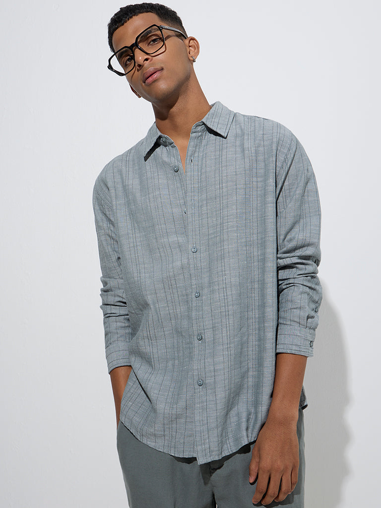 Westside ETA Men's Grey Self-Striped Relaxed-Fit Cotton Shirt for Casual Wear Front View
