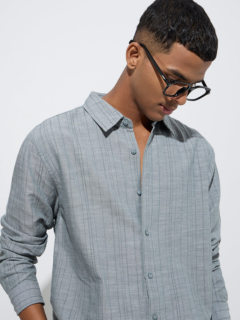 Westside ETA Men's Grey Self-Striped Relaxed-Fit Cotton Shirt for Casual Wear Zoomed View