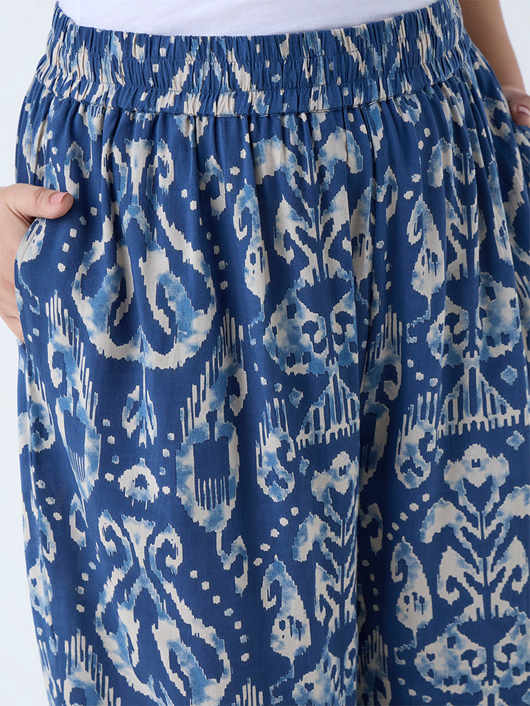 Diza Dark Blue Ikat Pattern Ethnic Pants