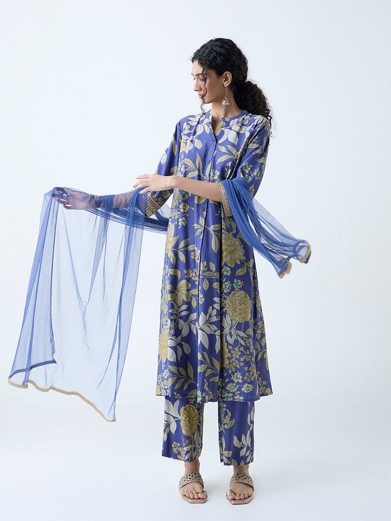 Vark Blue Botanical Pattern A-Line Ethnic Set