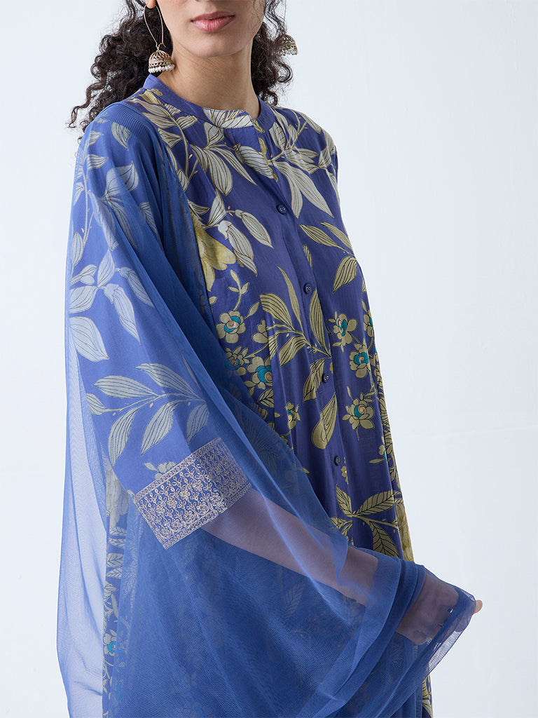 Vark Blue Botanical Pattern A-Line Ethnic Set