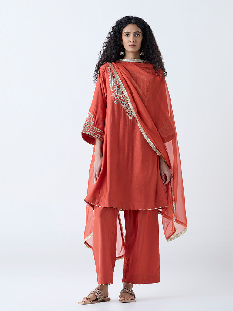 Westside Vark Women's Rust Embellished A-Line Ethnic Set for Festive Wear Front View