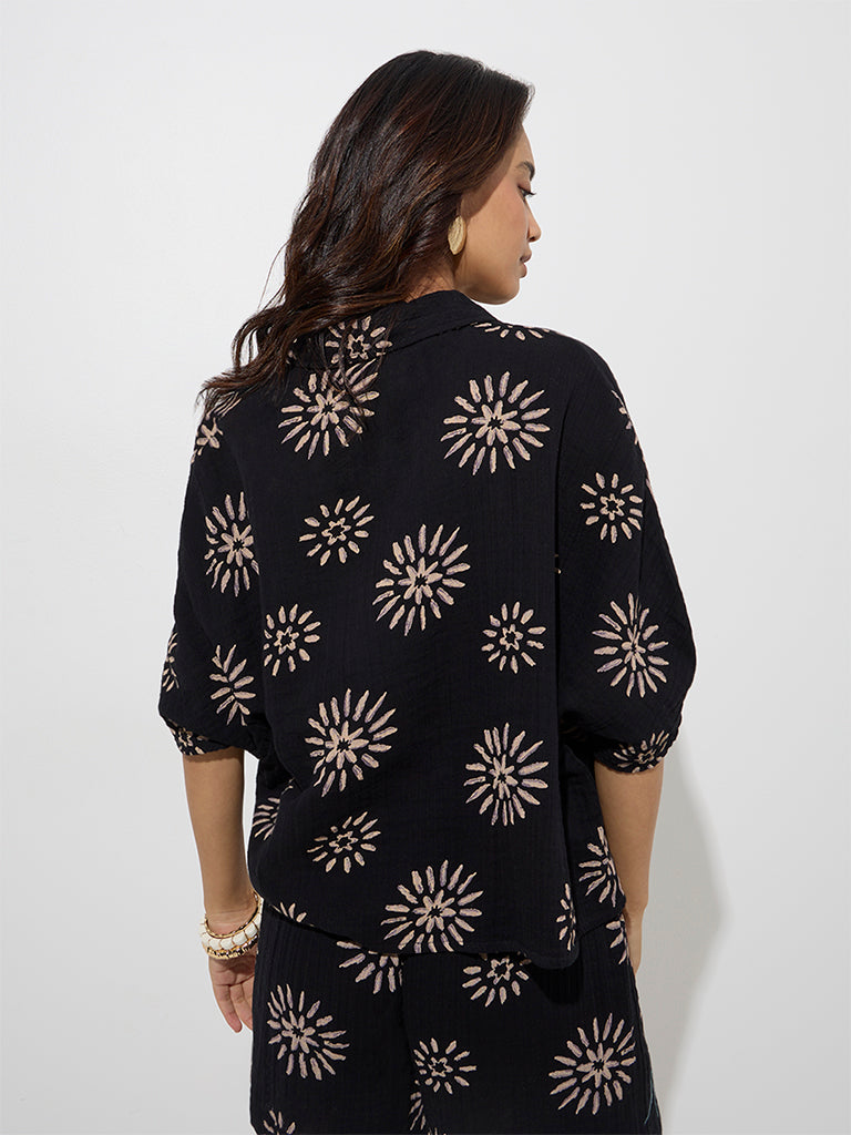 Westside Wunderlove Women's Black Floral Detailed Cotton Beach Shirt for Beachwear Back View