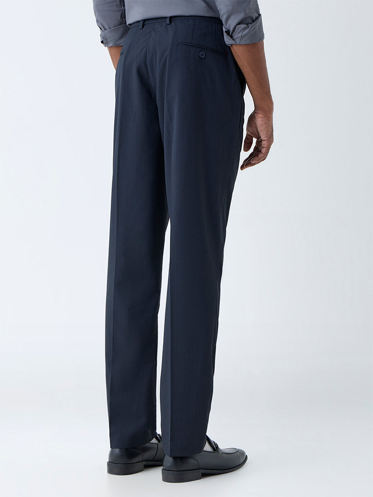 WES Formals Navy Pinstriped Relaxed-Fit Mid-Rise Trousers