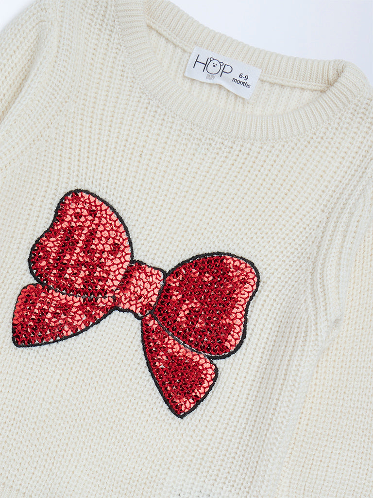 HOP Baby Girls Cream Embellished Knitted Sweater