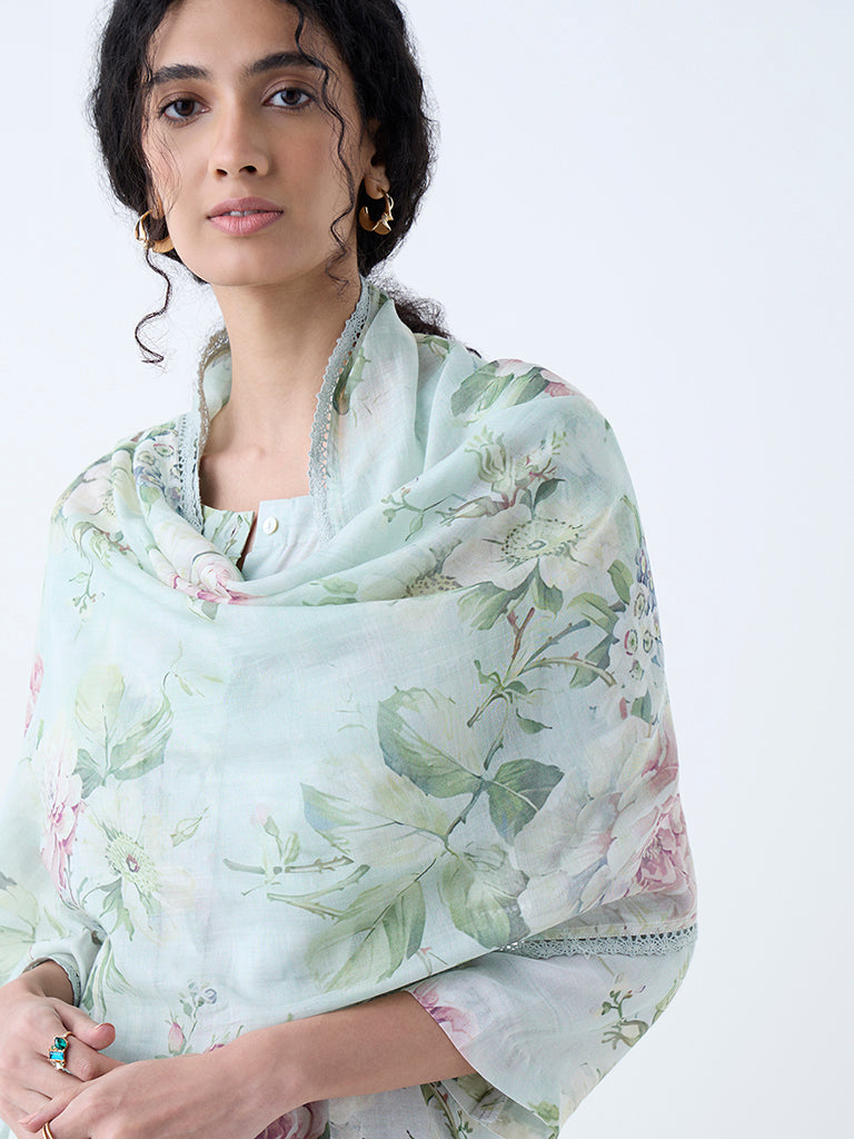 Mint Green Printed Dupatta with Geometric Border