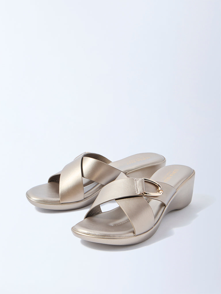 Westside LUNA BLU Women's Dull Gold Wedge Sandals for Casual Wear Front View