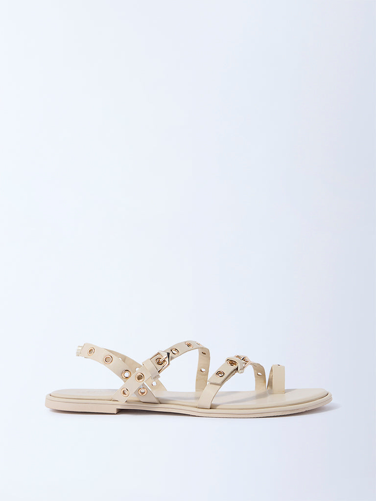 Westside LUNA BLU Women's Ivory Eyelet-Detailed Sandals for Casual Wear Side View