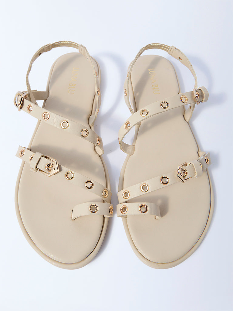 Westside LUNA BLU Women's Ivory Eyelet-Detailed Sandals for Casual Wear Full View