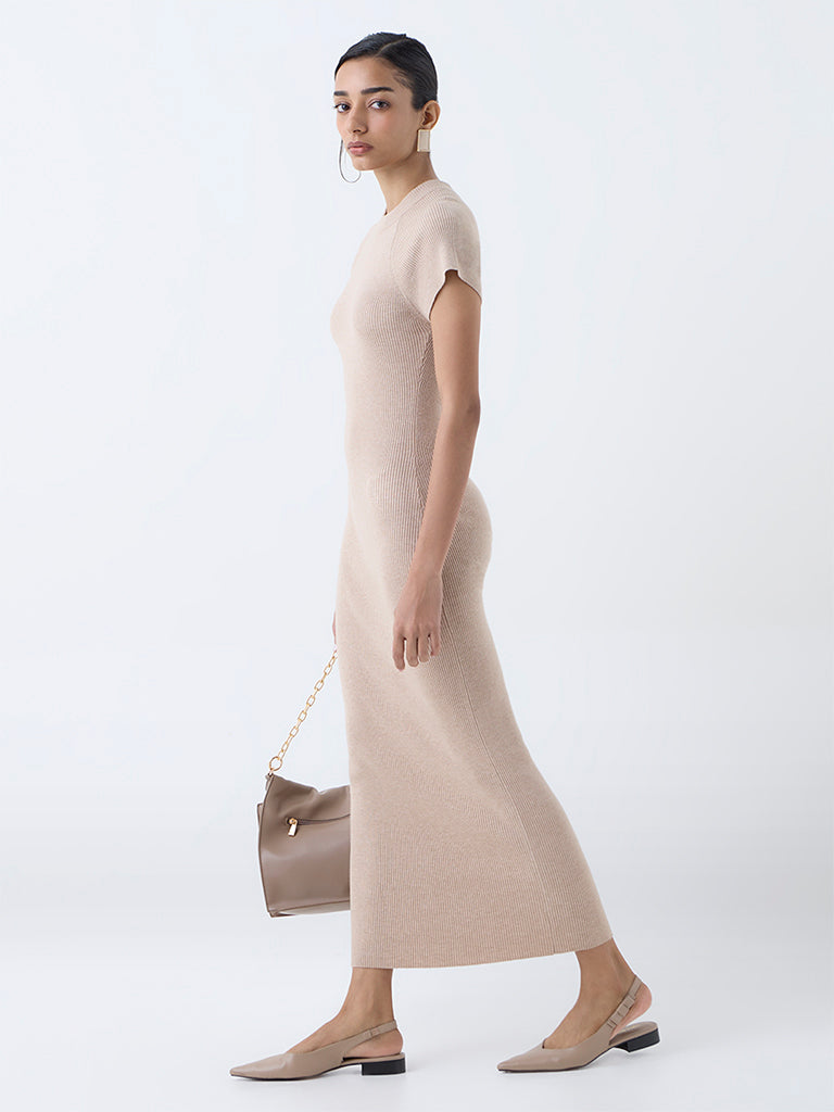 Wardrobe Beige Ribbed-Textured Bodycon Dress