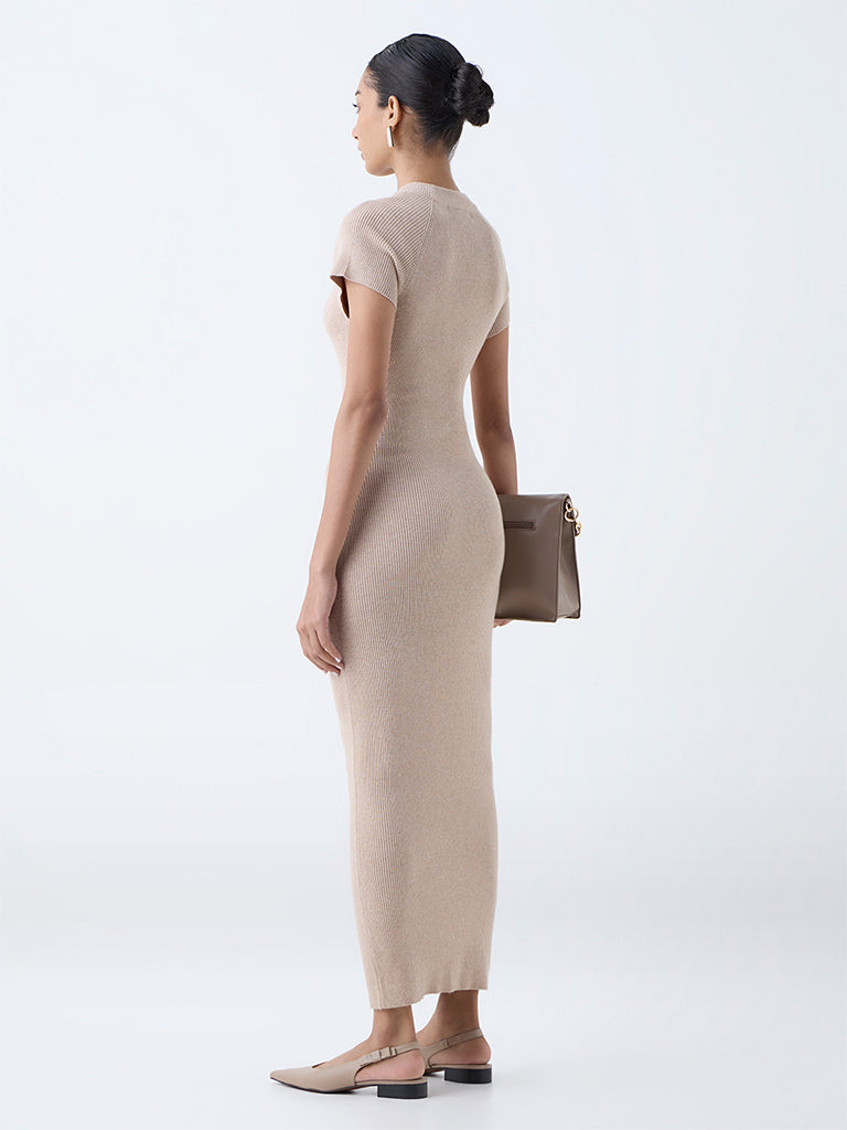 Wardrobe Beige Ribbed-Textured Bodycon Dress