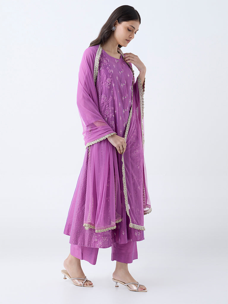 Vark Magenta Embroidered A-Line Cotton-Blend Ethnic Set
