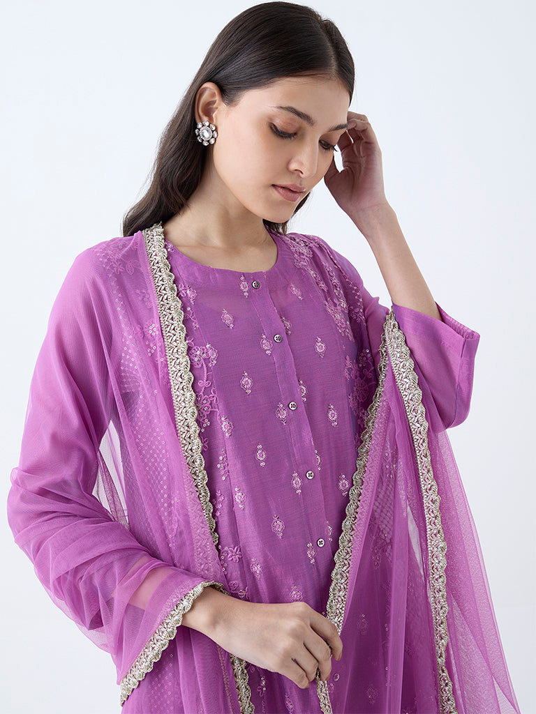 Vark Magenta Embroidered A-Line Cotton-Blend Ethnic Set