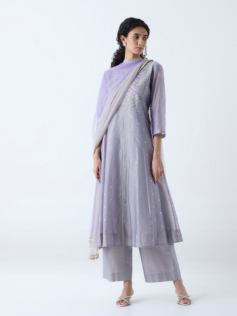 Vark Silver Floral Embroidered A-Line Ethnic Set