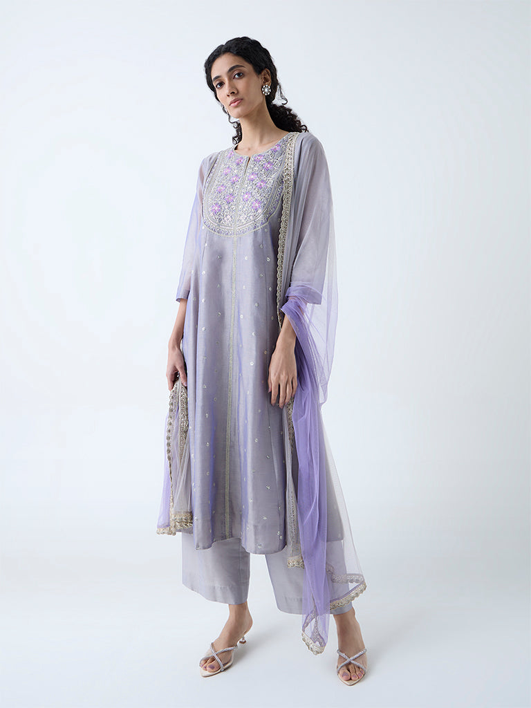 Vark Silver Floral Embroidered A-Line Ethnic Set