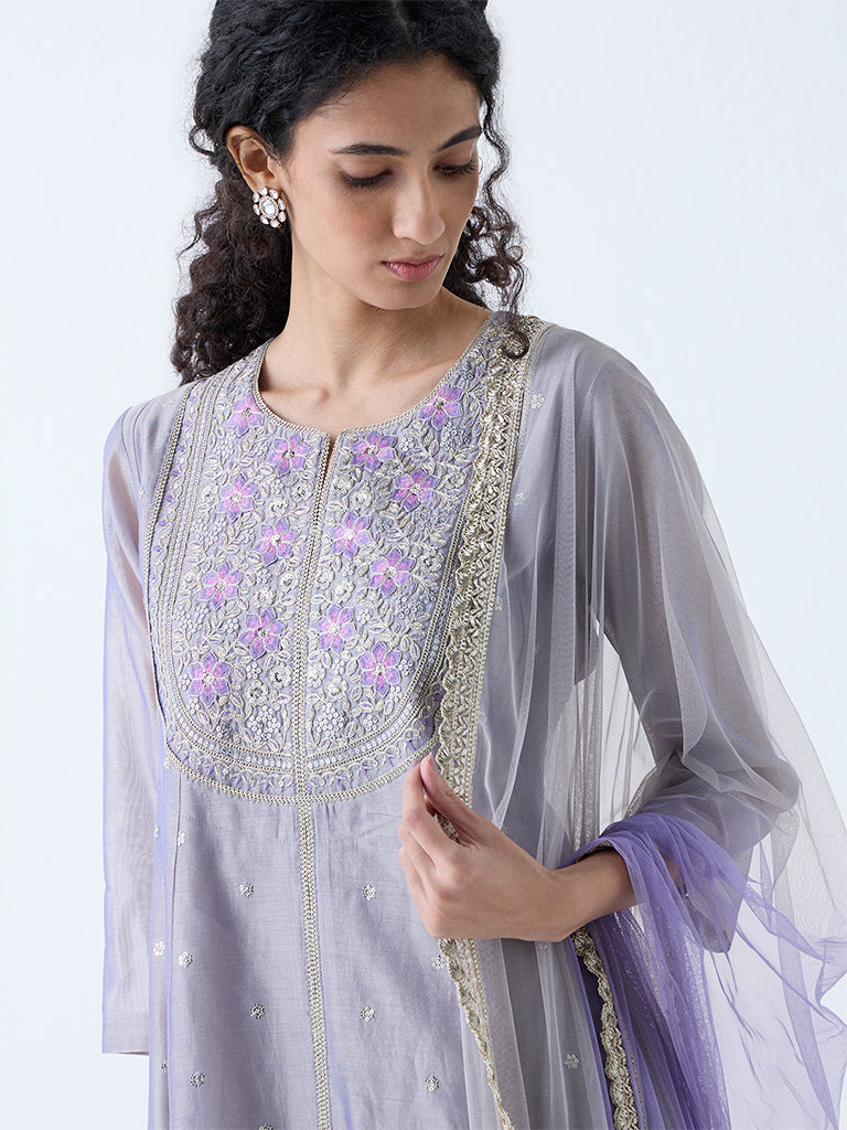 Vark Silver Floral Embroidered A-Line Ethnic Set