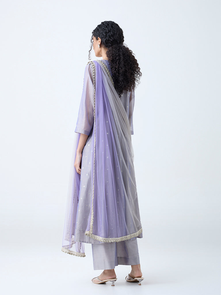 Vark Silver Floral Embroidered A-Line Ethnic Set