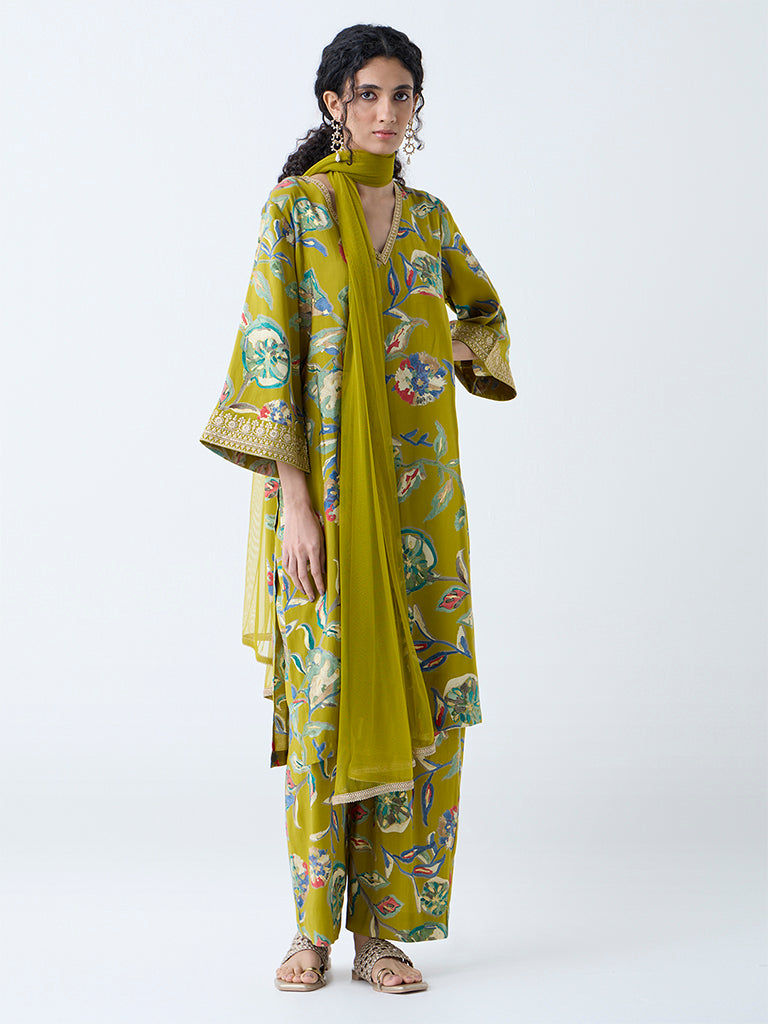 Vark Lime Floral Pattern A-Line Ethnic Set