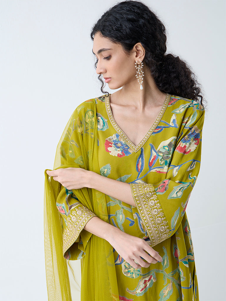 Vark Lime Floral Pattern A-Line Ethnic Set