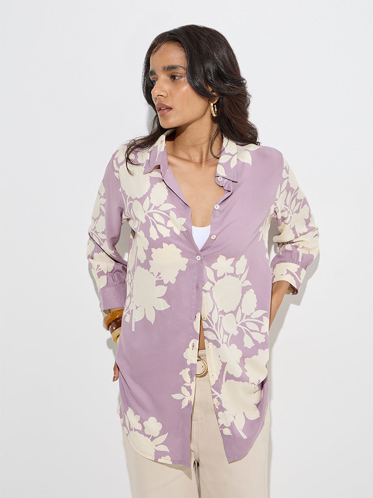 Westside Utsa Women's Lilac Floral Design Tunic for Everyday Front View