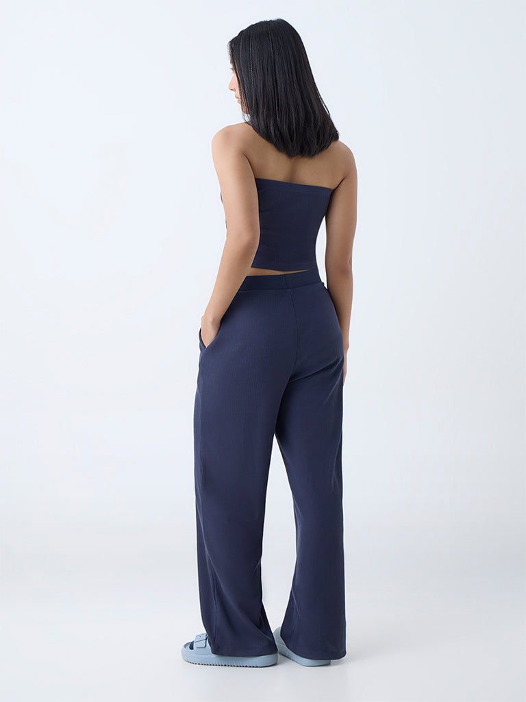 Westside Superstar Women's Navy Waffle-Textured Wide-Leg High-Rise Pants for Casual Wear Back View