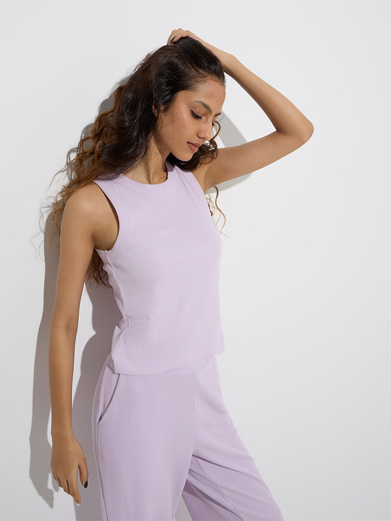 Westside Superstar Women's Lavender Ribbed-Textured Cotton-Blend Tank Top for Casual Wear Front View