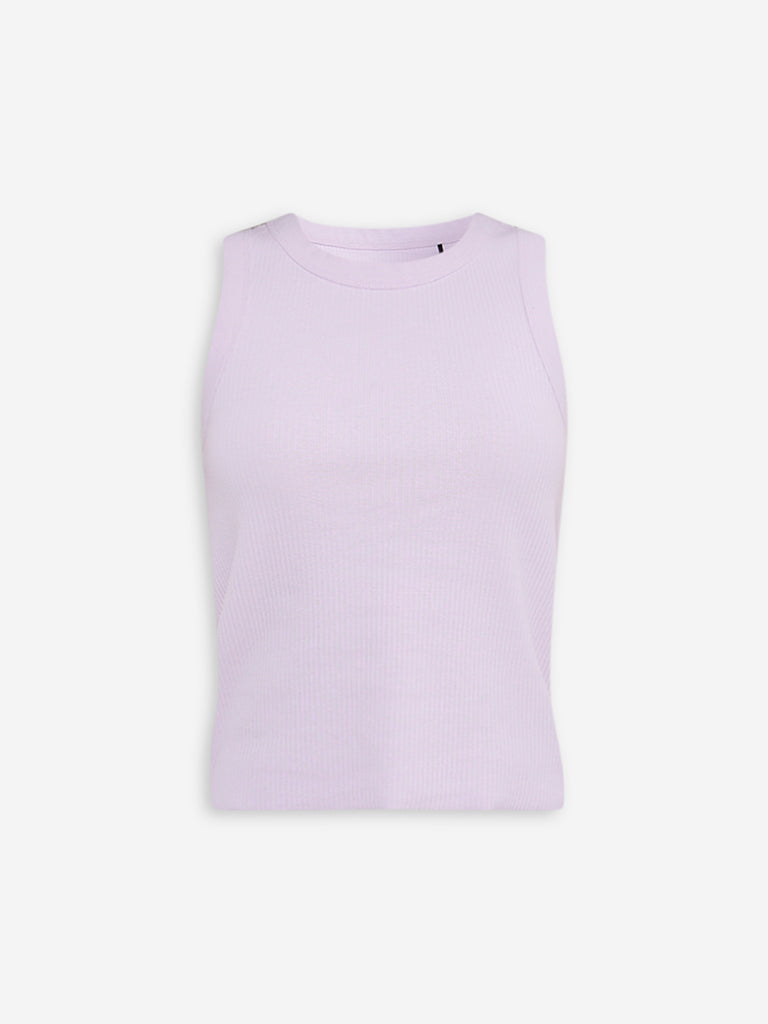 Westside Superstar Women's Lavender Ribbed-Textured Cotton-Blend Tank Top for Casual Wear Flatly View