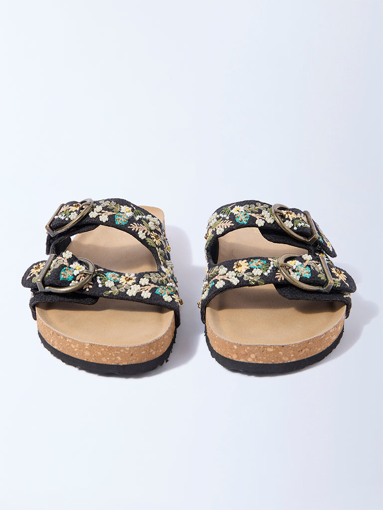 LUNA BLU Black Floral Embroidered Slip-On Sandals