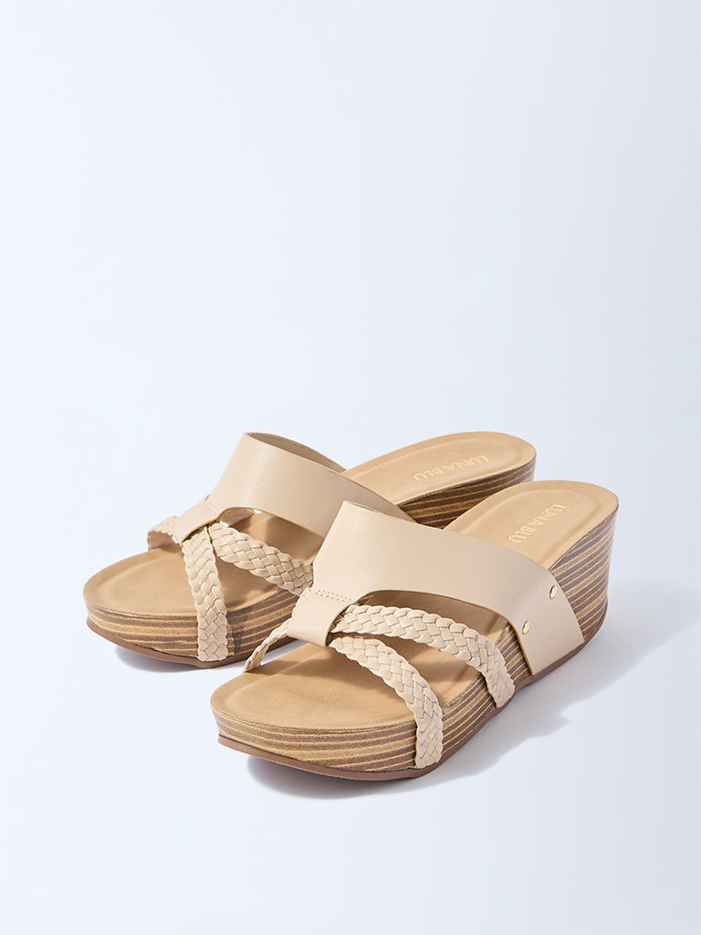 Westside LUNA BLU Women's Beige Multi-Strap Wedge Sandals for Casual Wear Front View