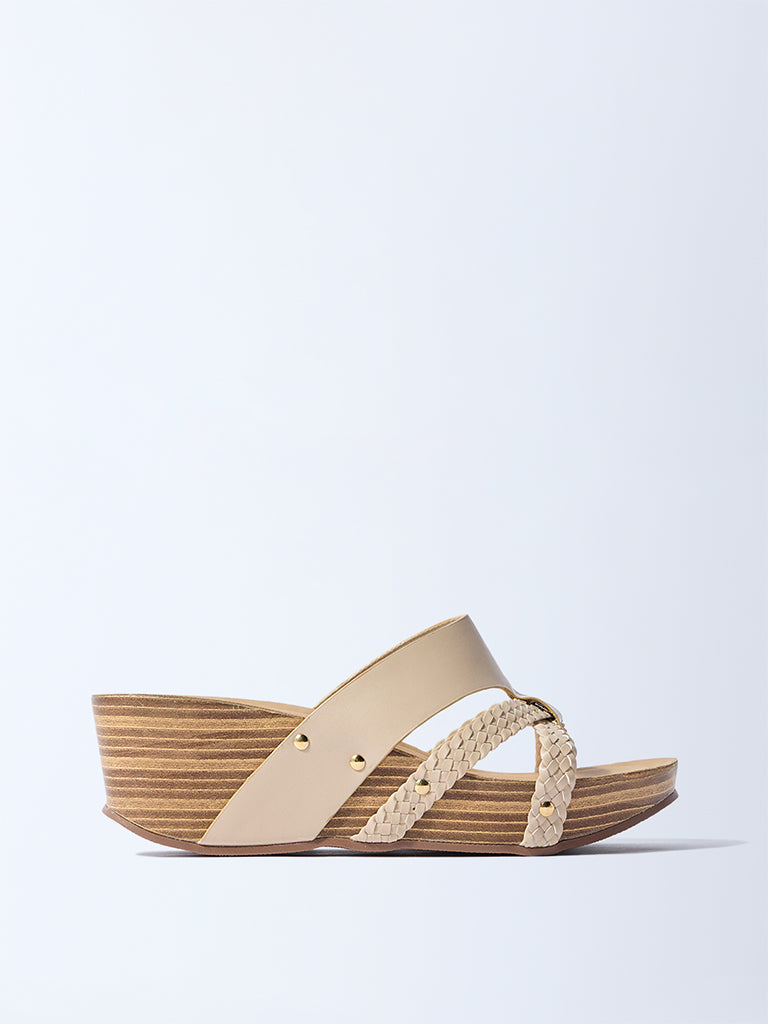 Westside LUNA BLU Women's Beige Multi-Strap Wedge Sandals for Casual Wear Side View