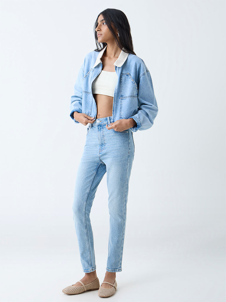 Westside Nuon Women's Light Blue Skinny-Fit Mid-Rise Jeans for Casual Wear Full View