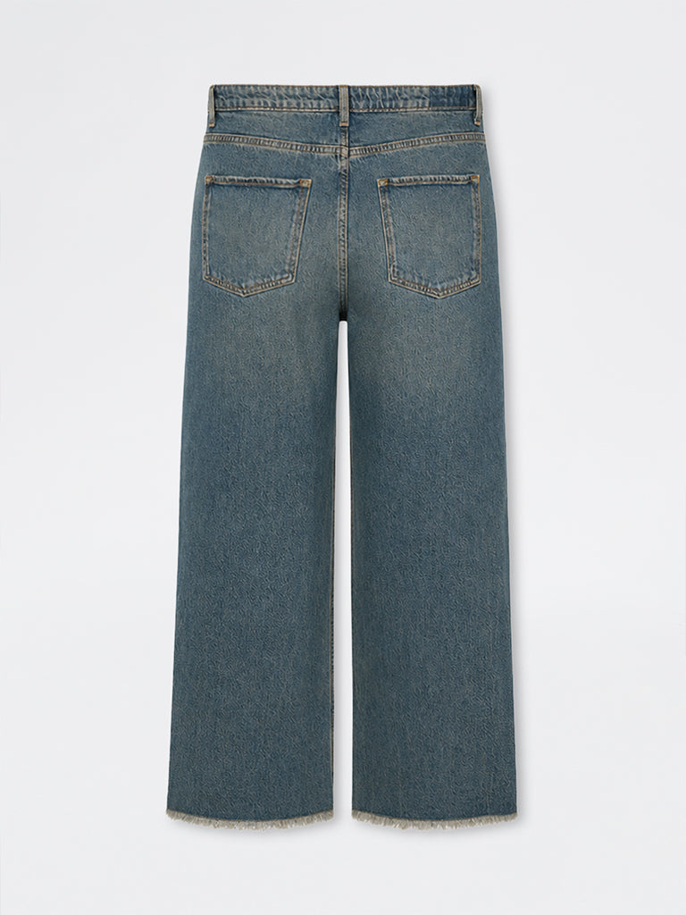 Nuon Blue Mid-Wash Frayed-Hem High-Rise Jeans