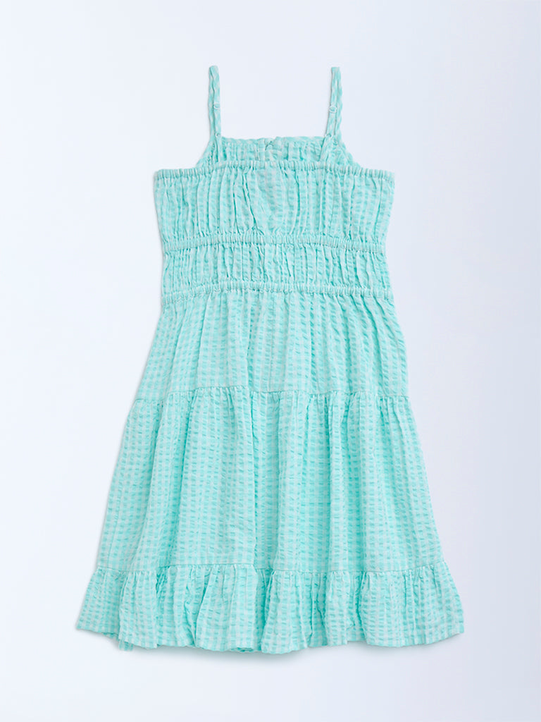 Y&F Kids Aqua Checkered Cotton Tiered Dress