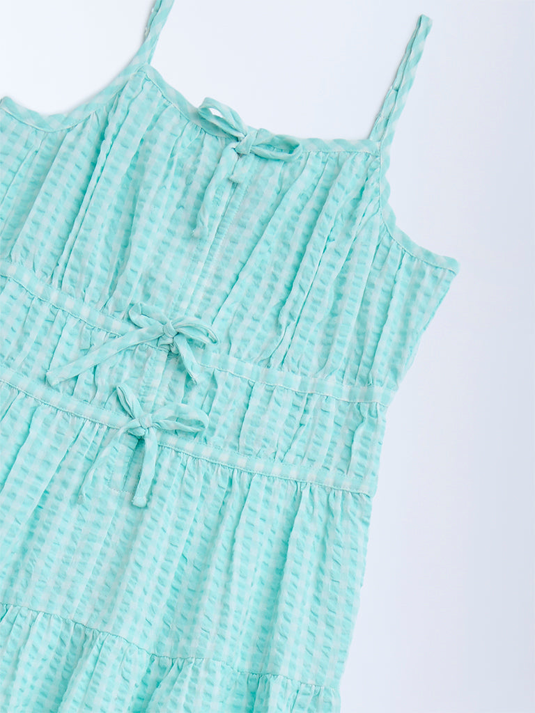 Y&F Kids Aqua Checkered Cotton Tiered Dress