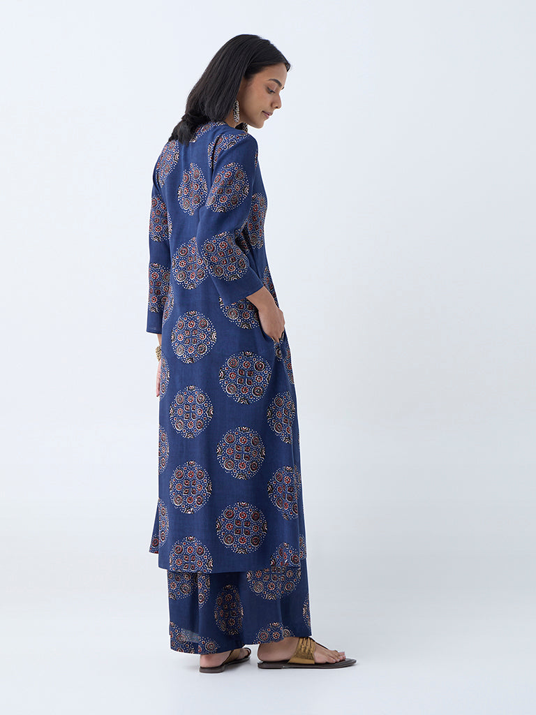 Westside Utsa Women's Indigo Printed A-Line Kurta for Work Wear Back View