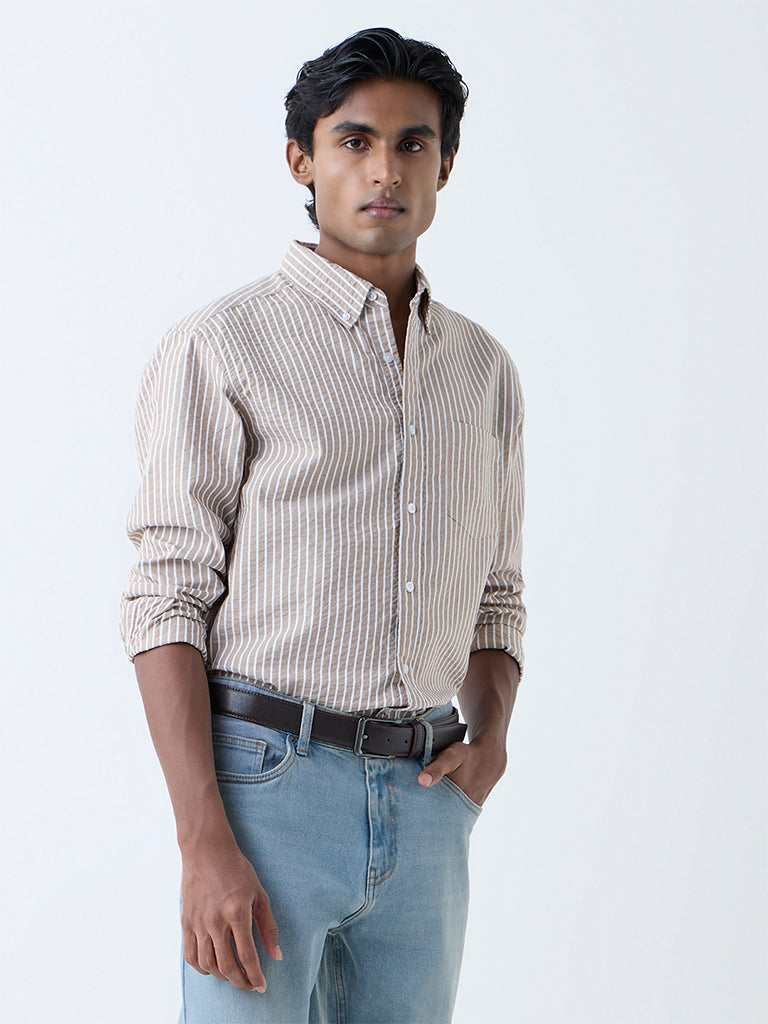WES Casuals Taupe Seersucker Striped Relaxed-Fit Cotton Shirt