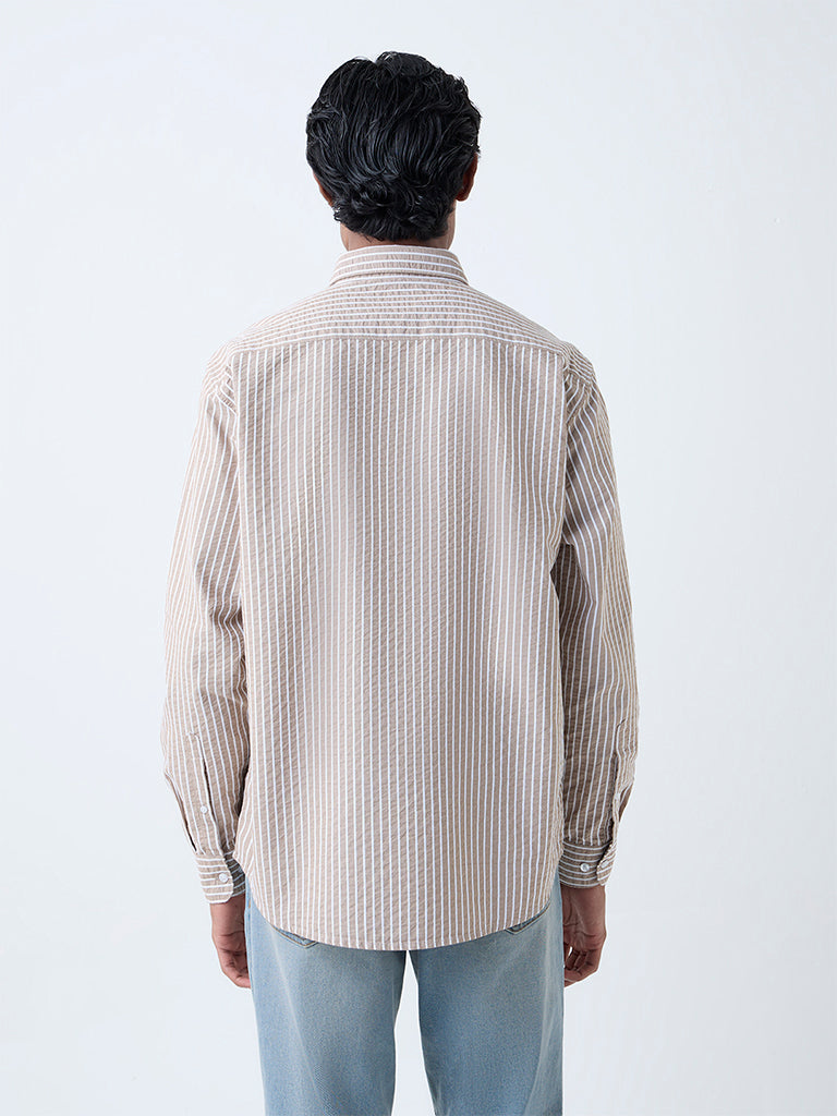 WES Casuals Taupe Seersucker Striped Relaxed-Fit Cotton Shirt