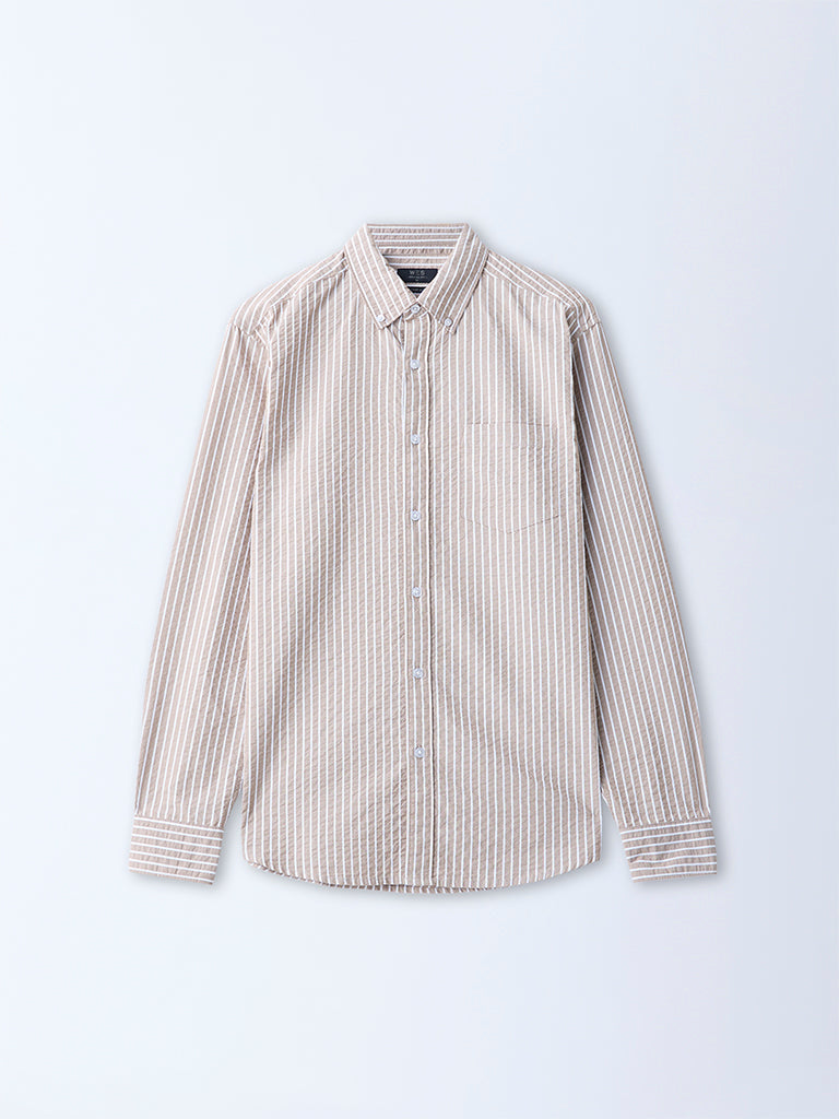 WES Casuals Taupe Seersucker Striped Relaxed-Fit Cotton Shirt